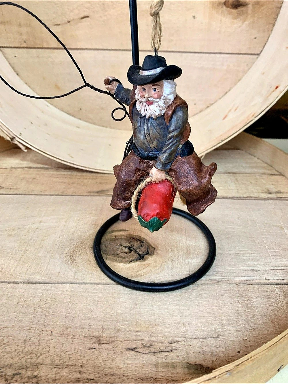 Cowboy Santa Christmas Ornament Brown & Red Like New